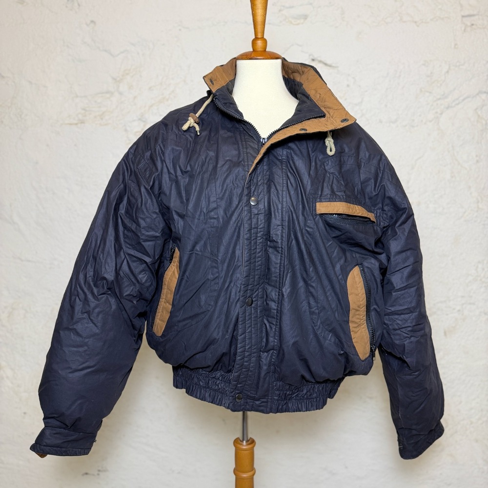 Vtg 90s Dash Mens Duck Down Puffer Jacket L Navy Blue Bomber Gorpcore Coat Hood